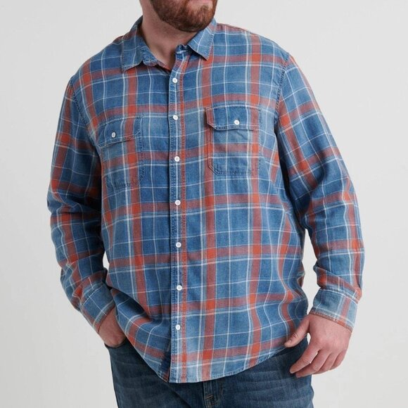 Lucky Brand Classic Plaid Shirt Button Up True Indigo Cotton Faded Unisex XL - Picture 1 of 11